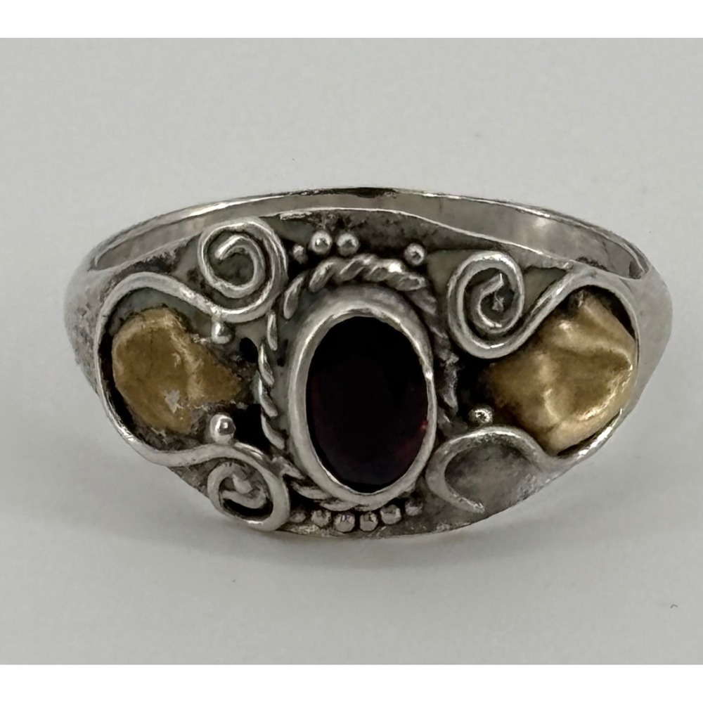 .925 Sterling Silver Garnet Solitaire Ring Gold Accents Scrollwork Size 6.5 VTG